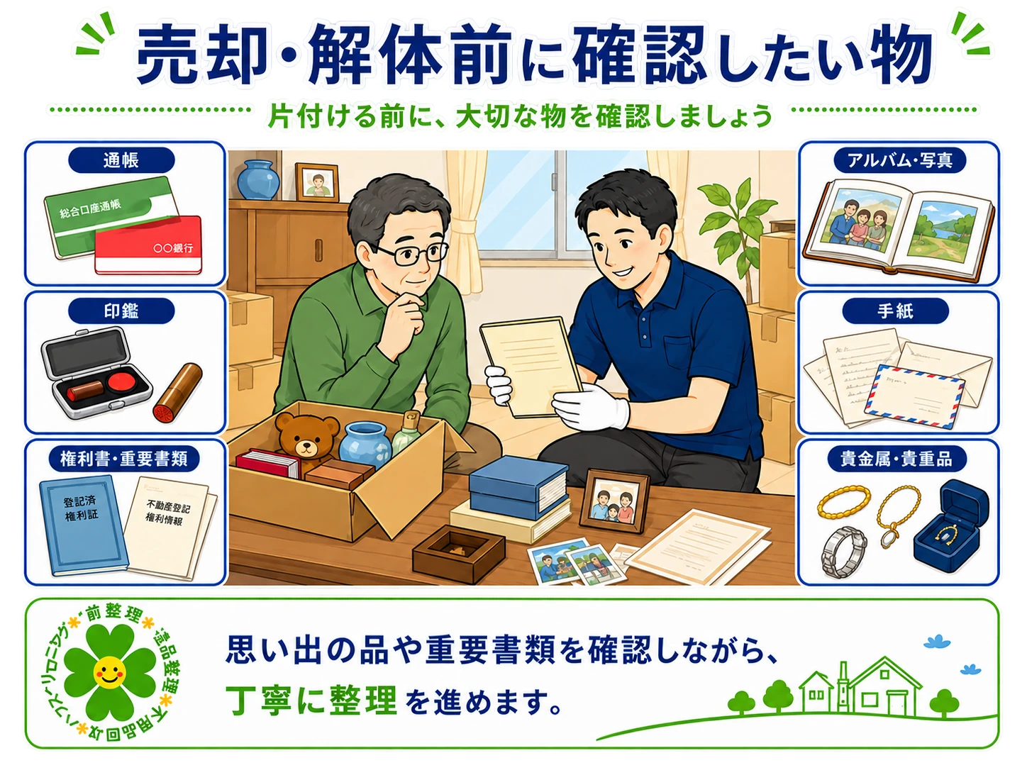 売却や解体の前に確認したい通帳、印鑑、権利書、写真、手紙、貴金属などをまとめたイラスト
