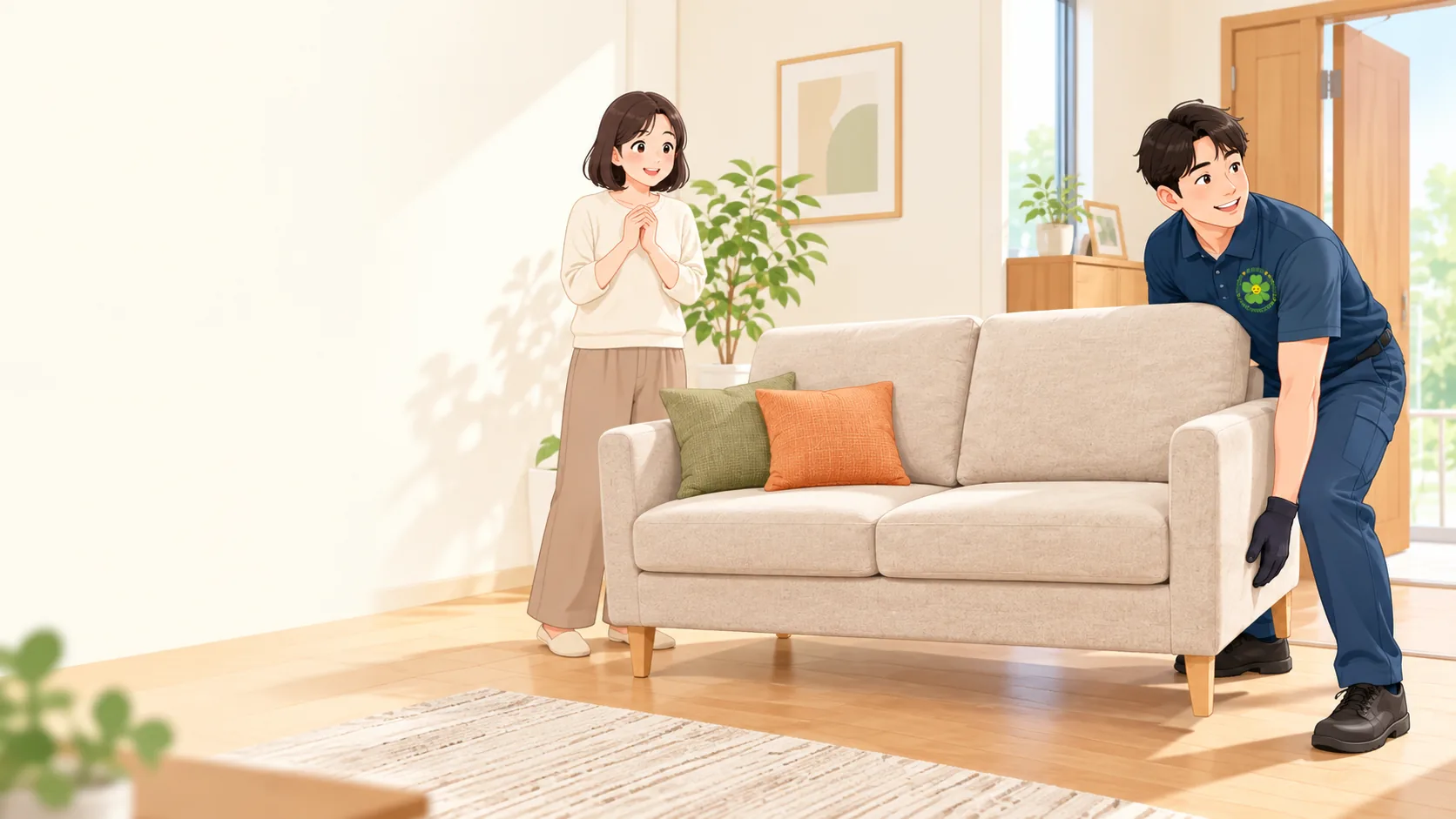 スタッフが室内からソファを搬出するイメージ